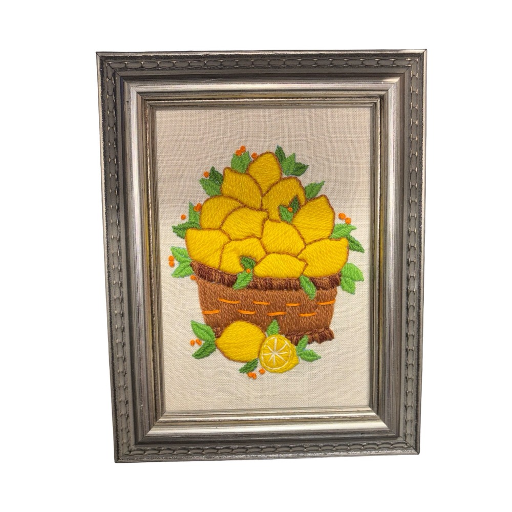 Vintage Hand Embroidered Lemon Basket Framed Wall Art Silver Frame Kitchen Decor